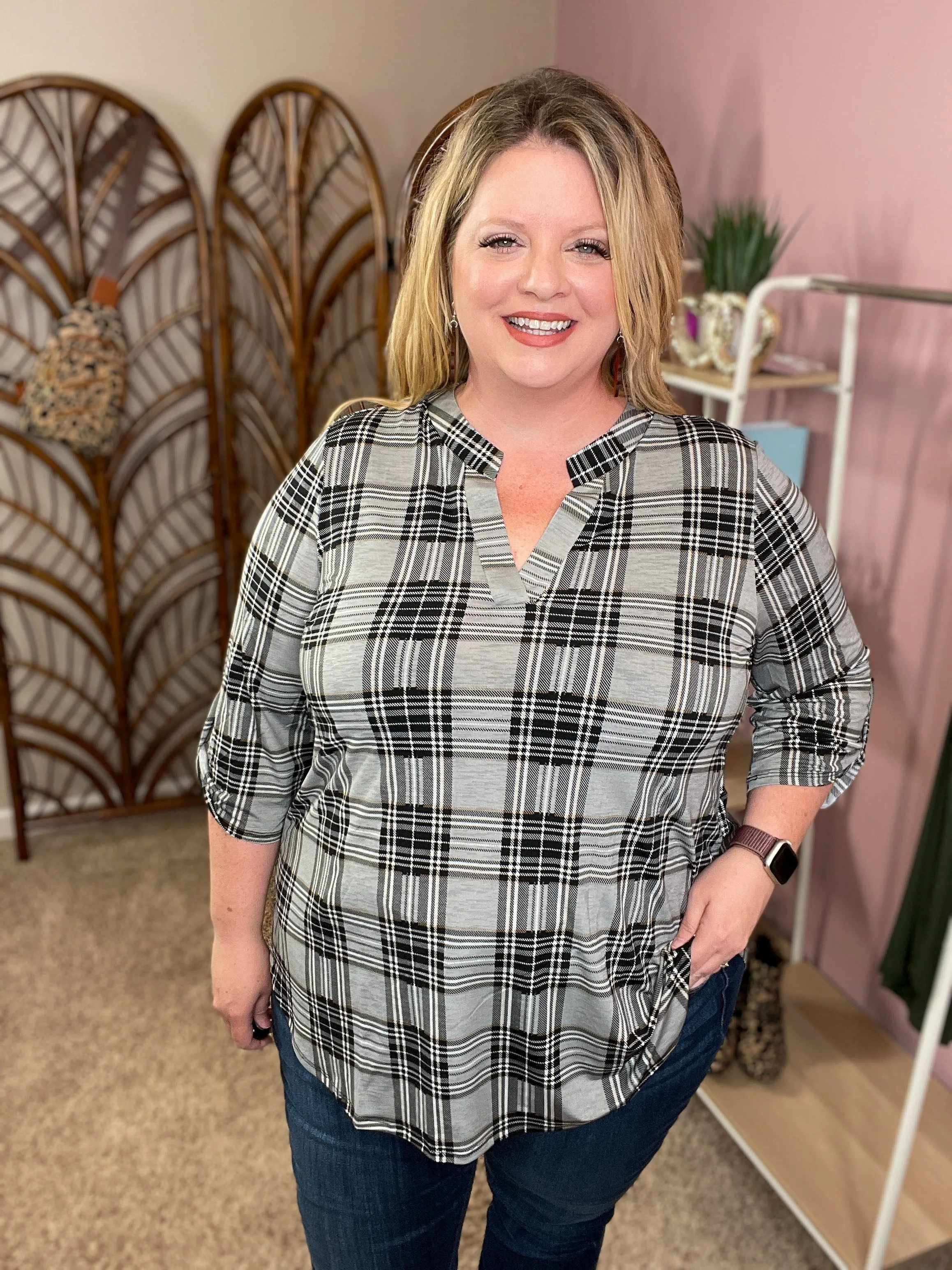 Always a Sure Thing Top - Gray Plaid - Restocked!