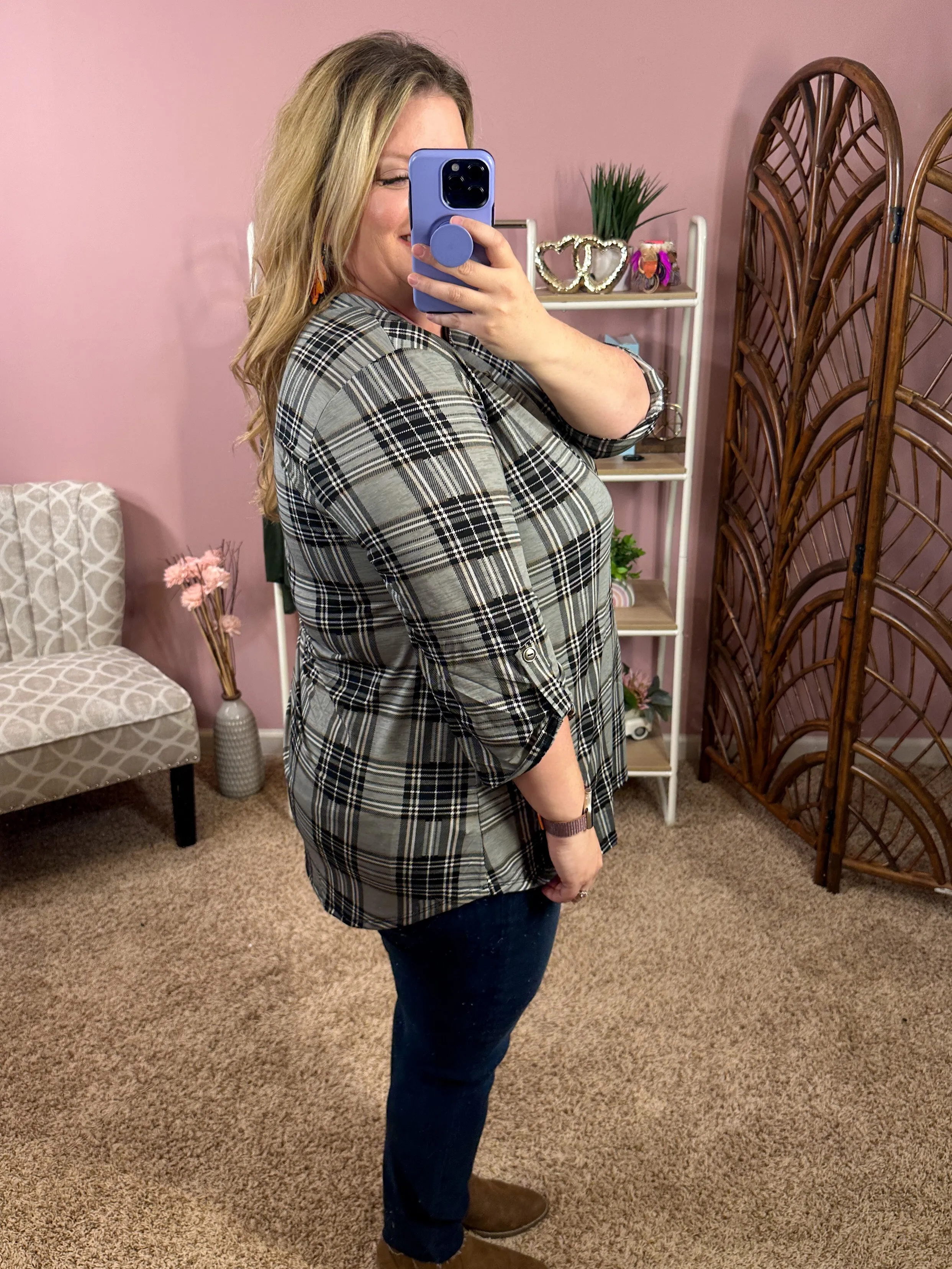 Always a Sure Thing Top - Gray Plaid - Restocked!