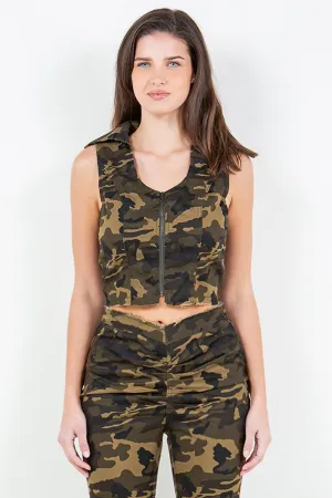 American Bazi Zip Up Camo Crop Denim Vest