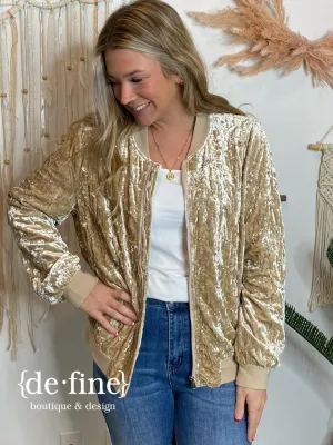 Beige Velvet Quilted Jacket with Rhinestones in Regular & Curvy