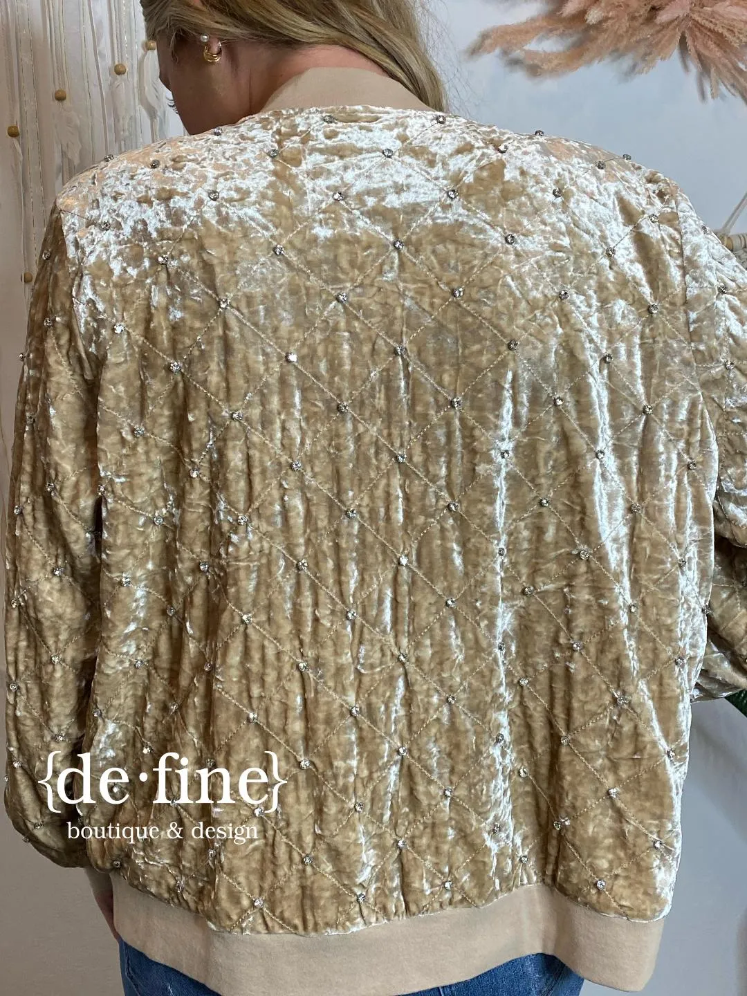 Beige Velvet Quilted Jacket with Rhinestones in Regular & Curvy