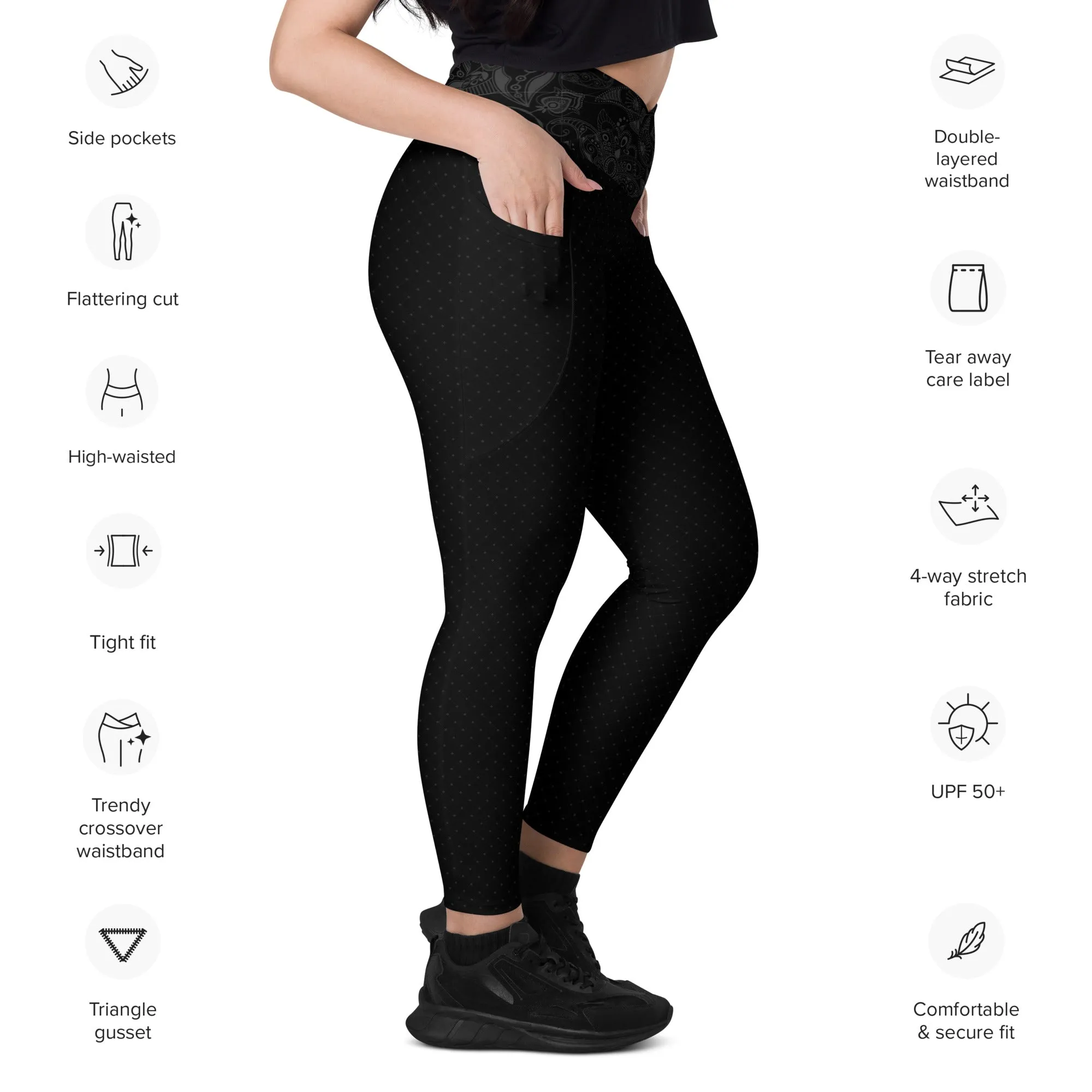 Black and Gray Fleur Crossover leggings with pockets
