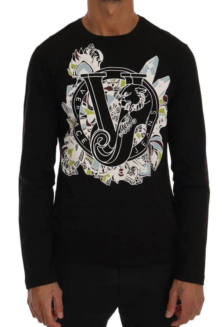 Black Cotton Crewneck Print Slim Fit Sweater