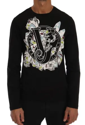 Black Cotton Crewneck Print Slim Fit Sweater
