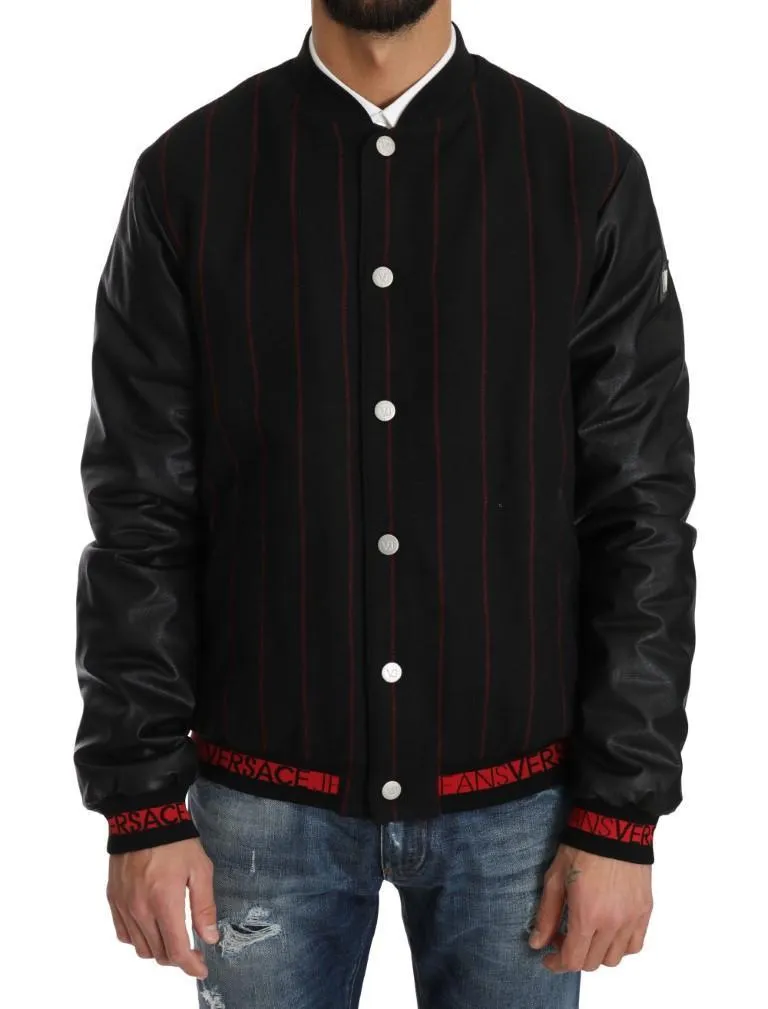 Black Red Striped Bomber Button Coat