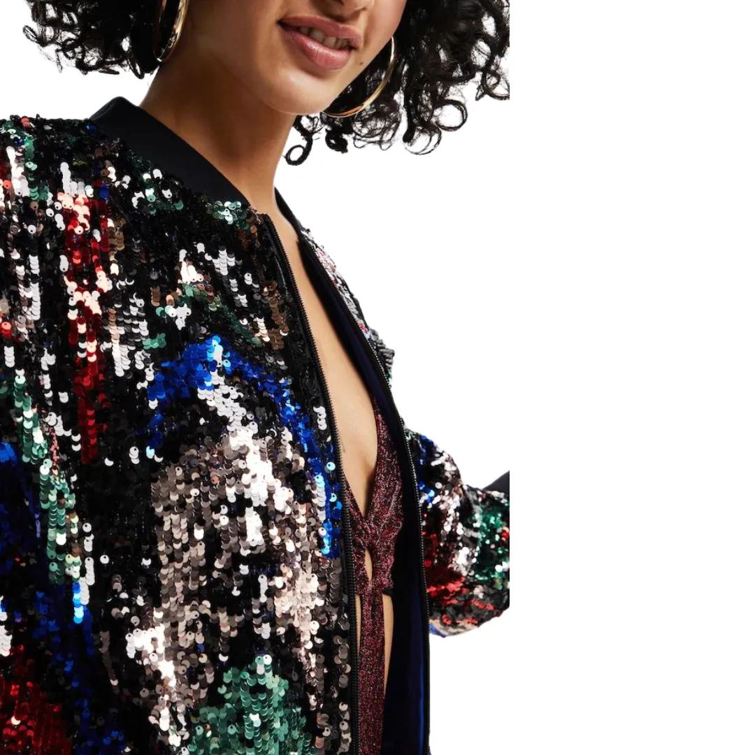Black Sequin Zip-Up Bomber Jacket