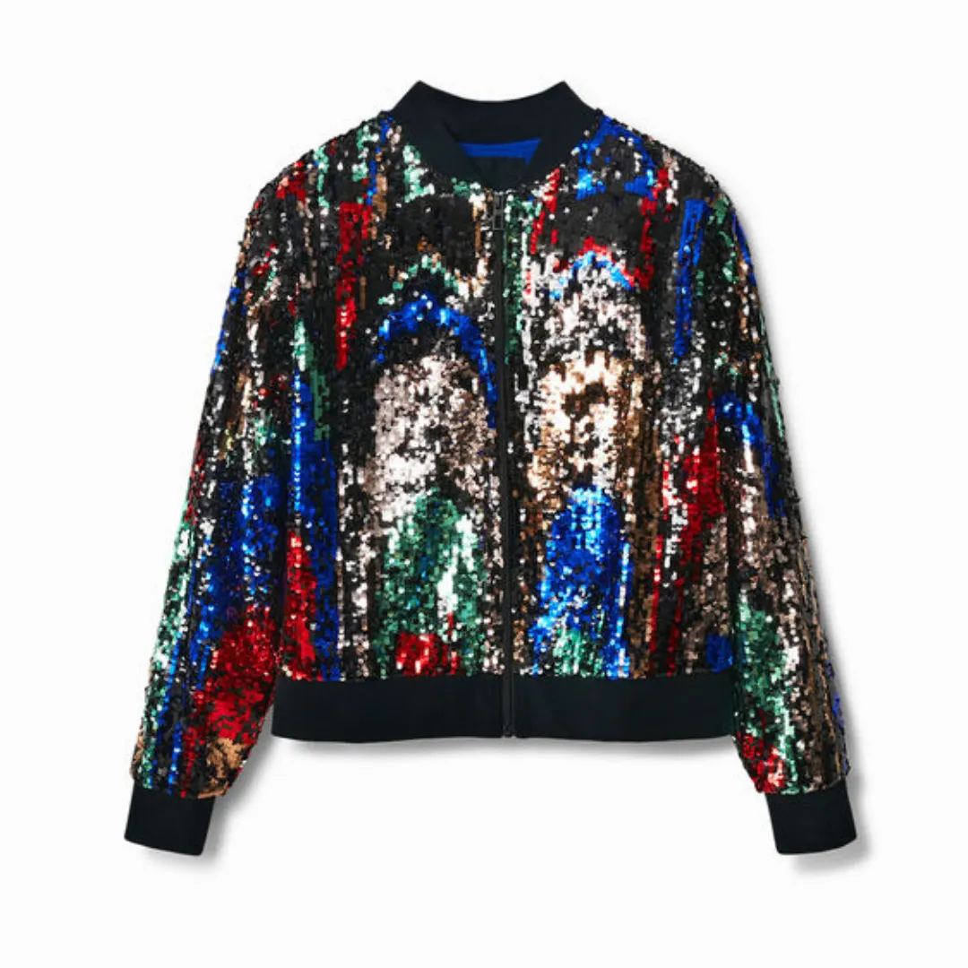 Black Sequin Zip-Up Bomber Jacket