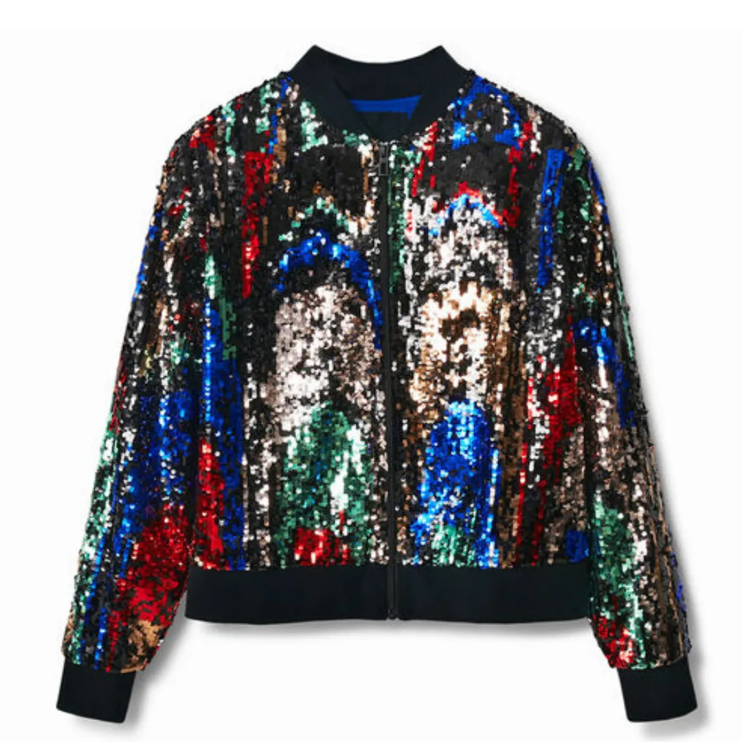 Black Sequin Zip-Up Bomber Jacket