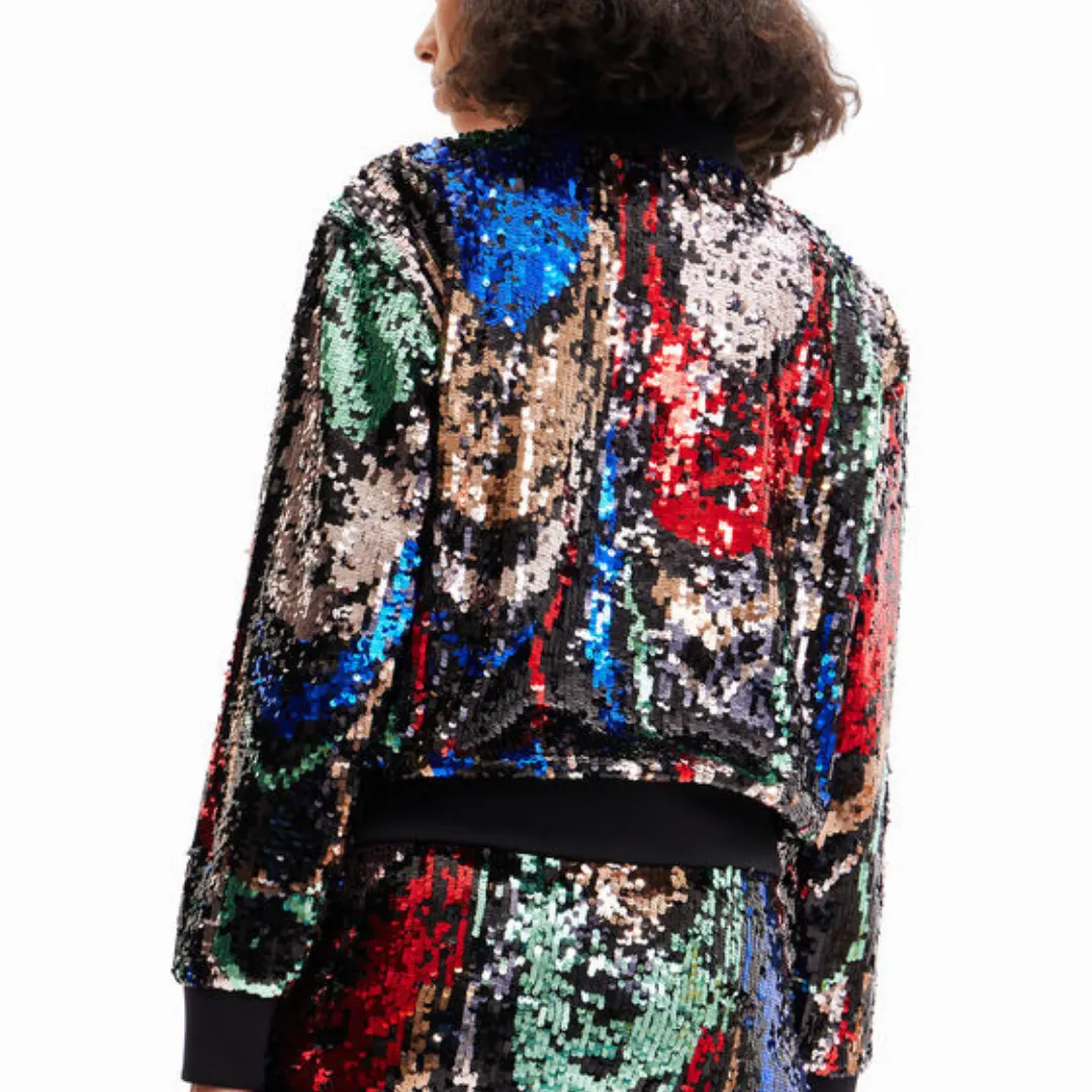 Black Sequin Zip-Up Bomber Jacket