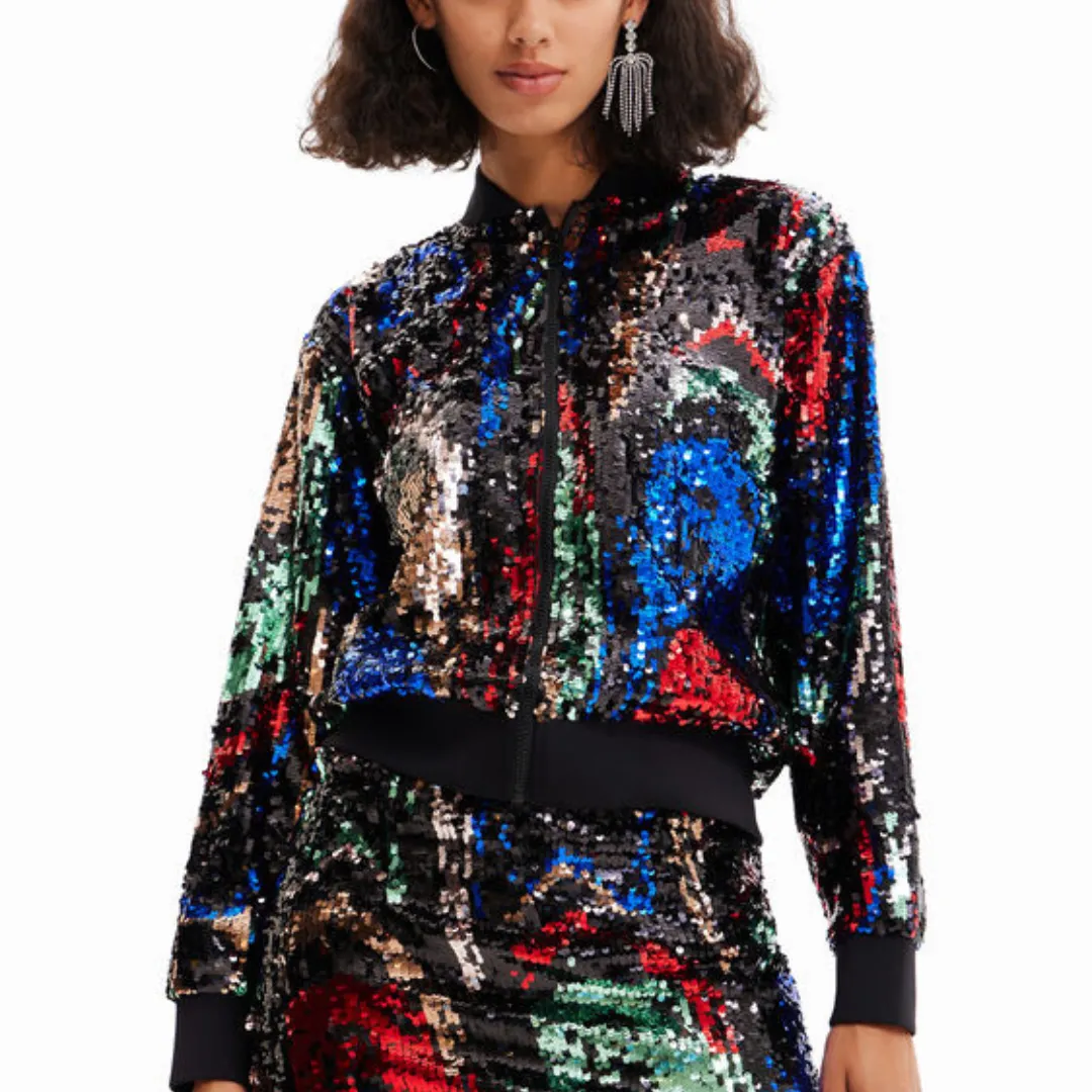 Black Sequin Zip-Up Bomber Jacket