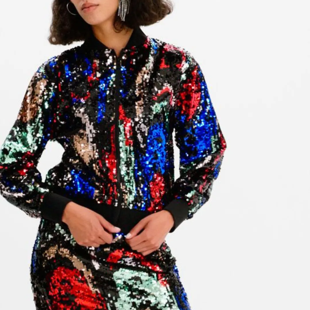 Black Sequin Zip-Up Bomber Jacket