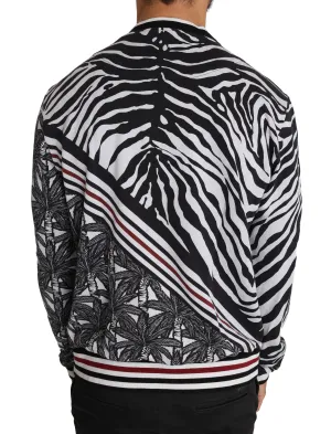 Black White Cotton Zebra Palm Print Pullover Sweater