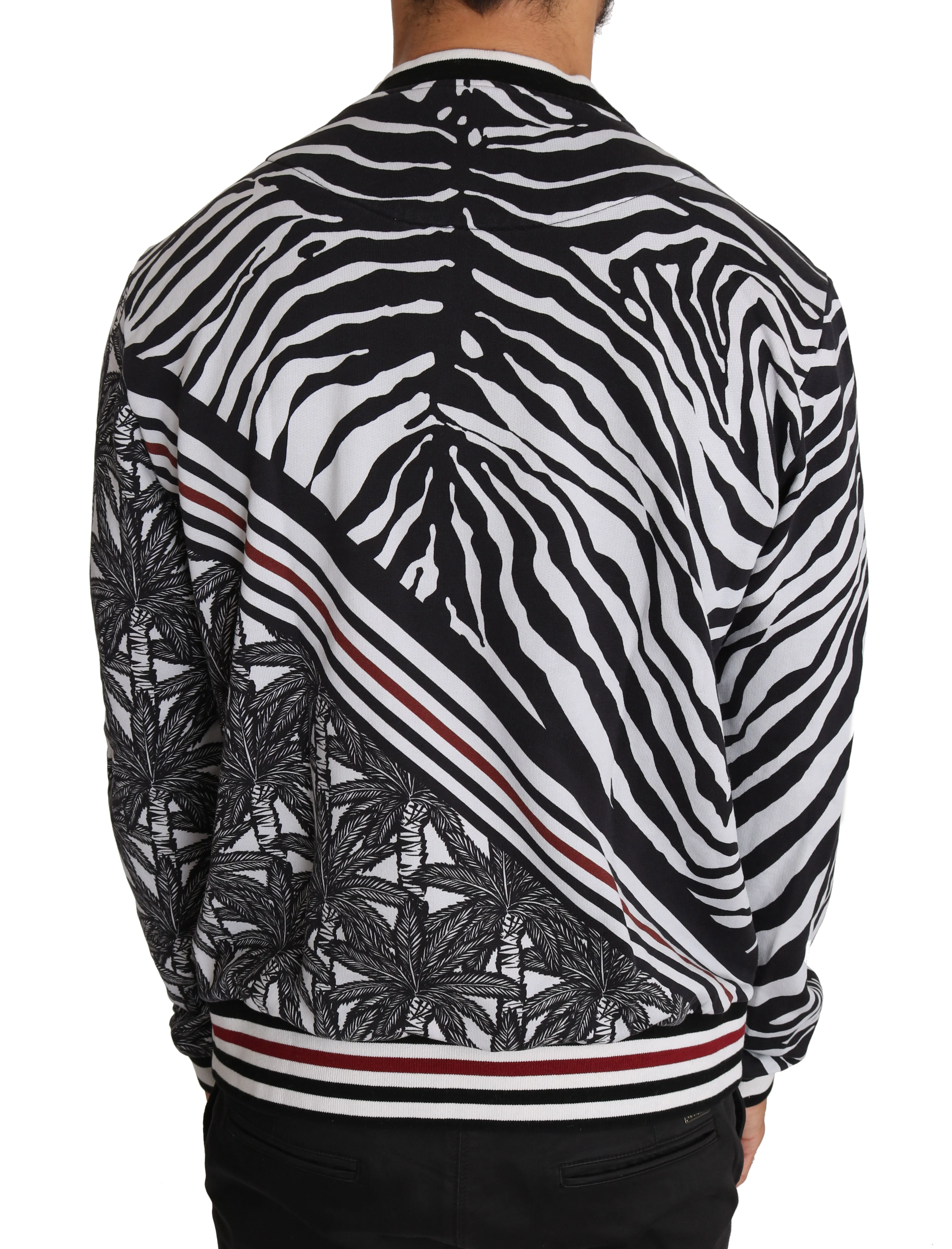Black White Cotton Zebra Palm Print Pullover Sweater