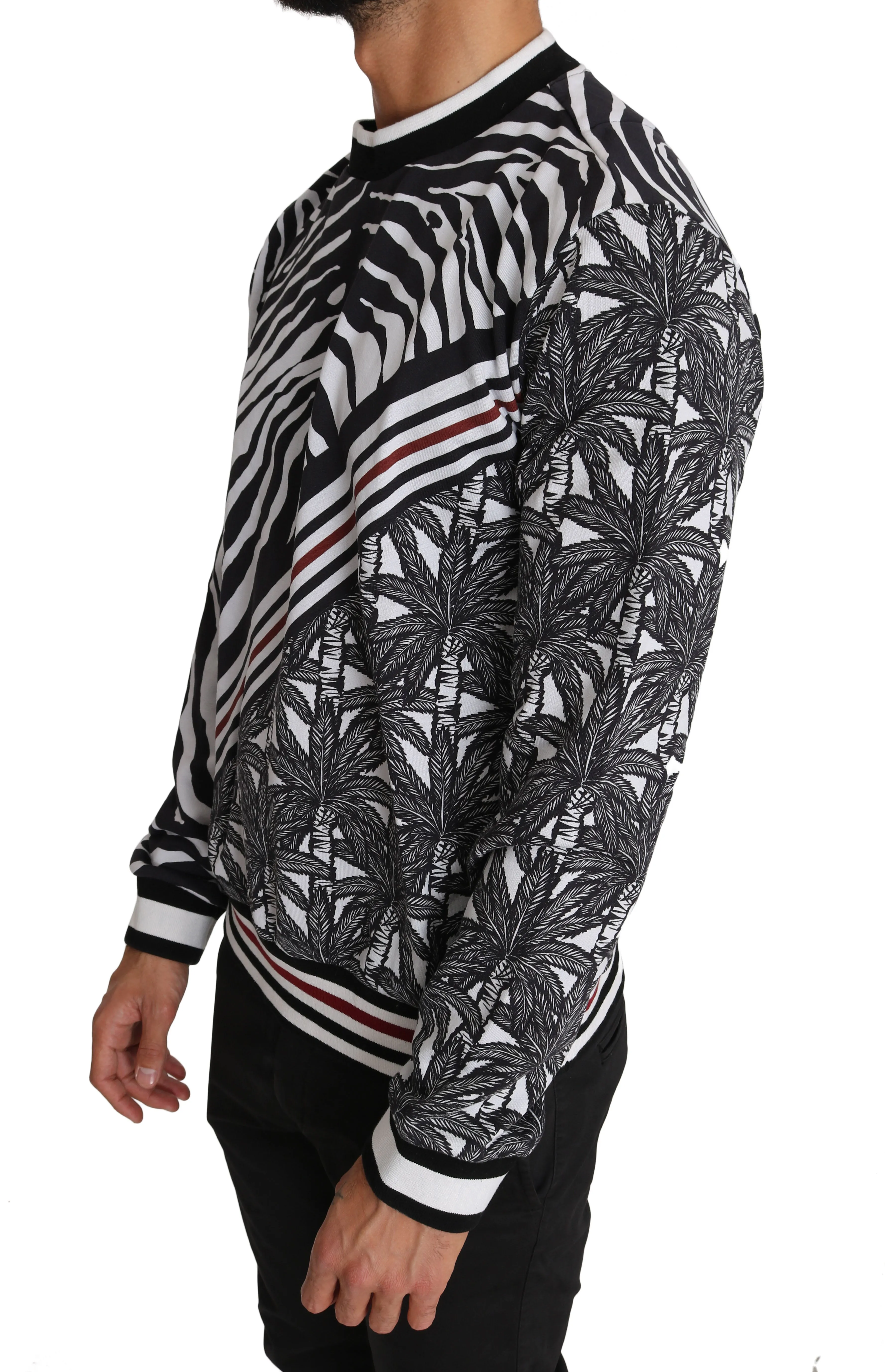 Black White Cotton Zebra Palm Print Pullover Sweater