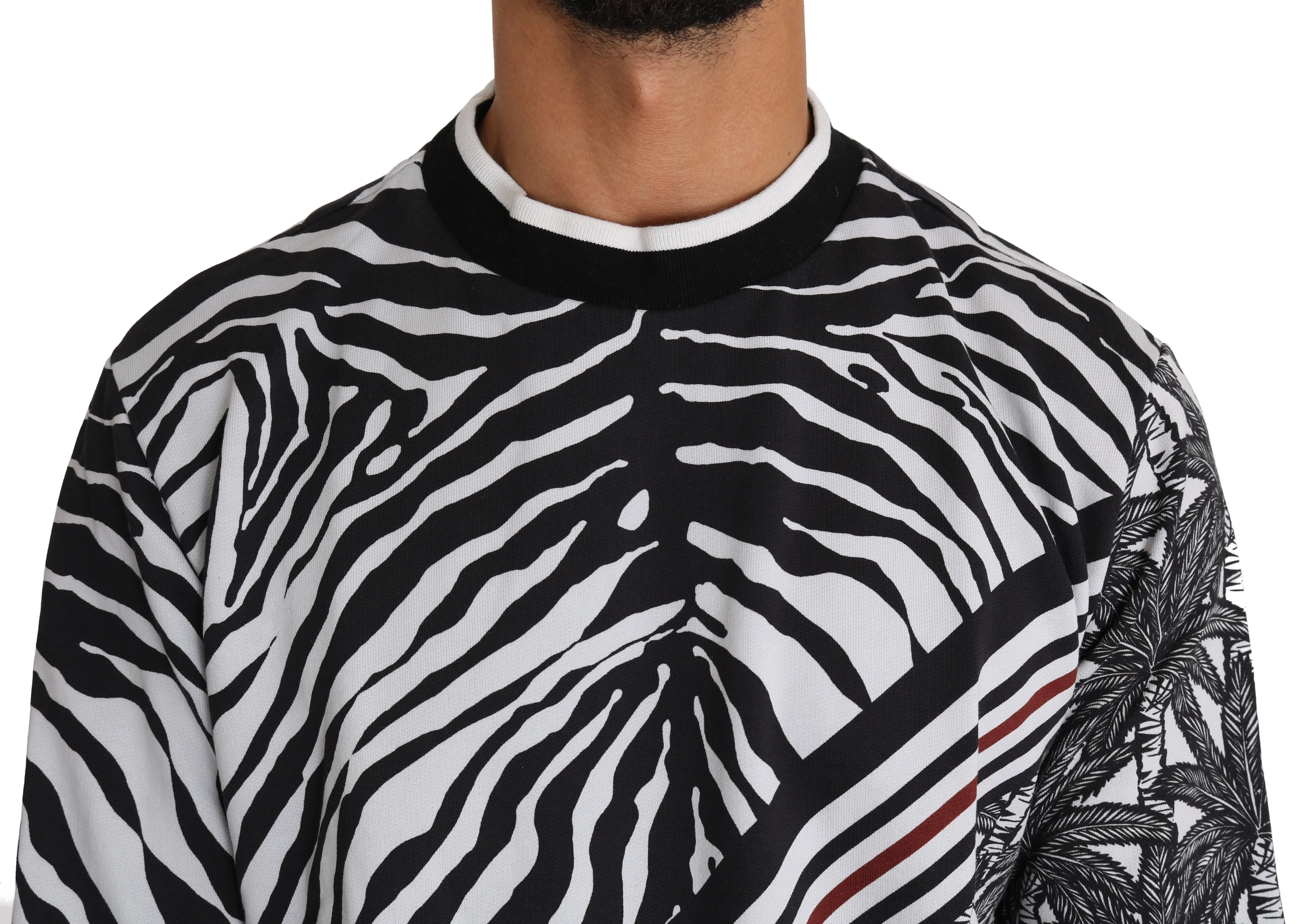 Black White Cotton Zebra Palm Print Pullover Sweater