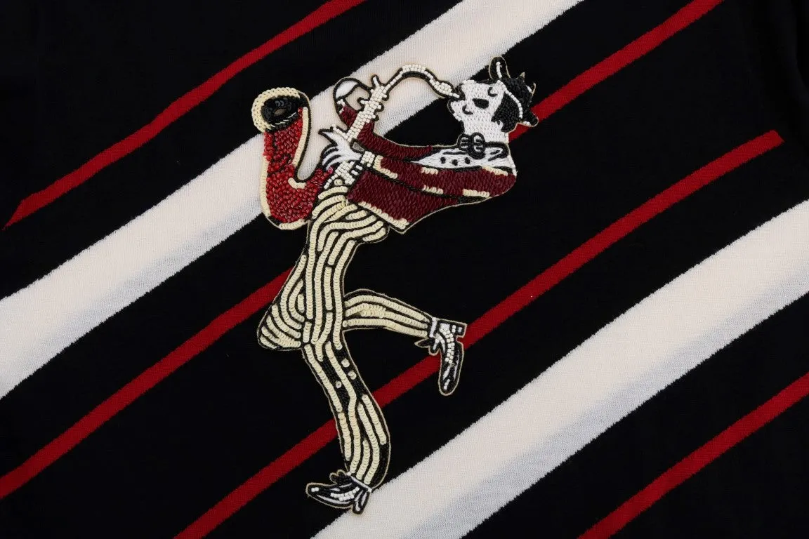 Black Wool Sequined Red White Striped Sweater