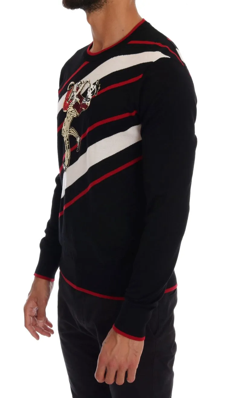 Black Wool Sequined Red White Striped Sweater