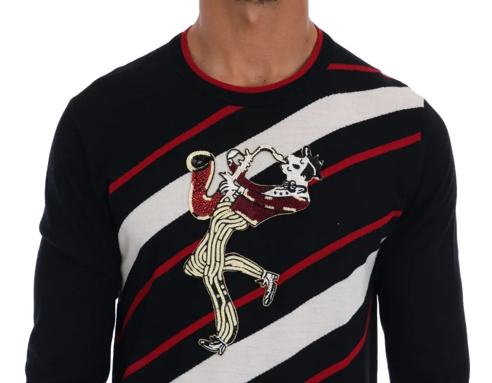 Black Wool Sequined Red White Striped Sweater
