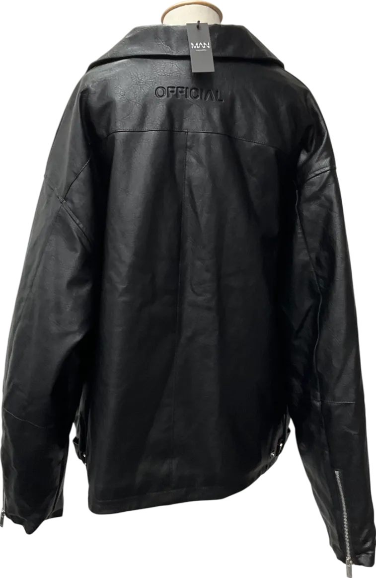 boohooMan Oversized Official Boxy Pu Collared Bomber Jacket In Black UK XL