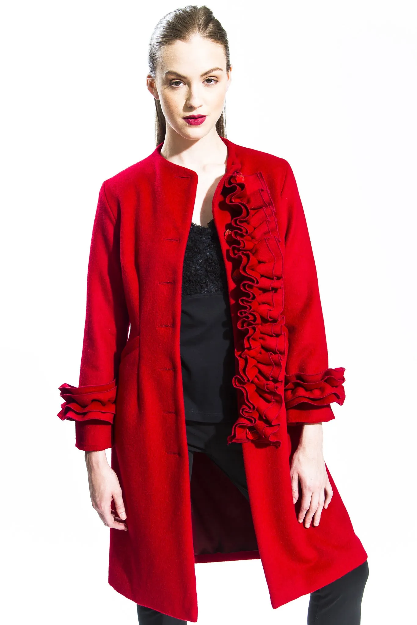 Carmine Transformable Ruffle Cashmere Coat Style # 141