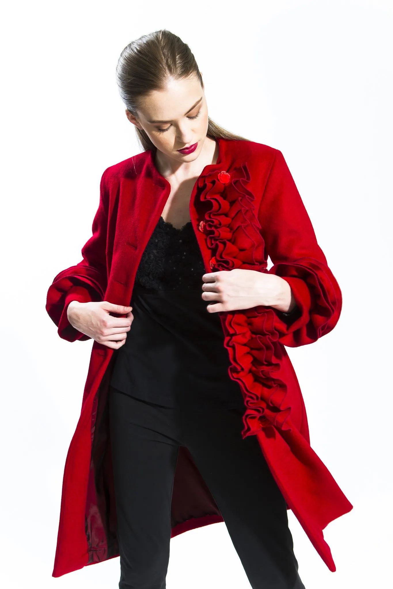 Carmine Transformable Ruffle Cashmere Coat Style # 141