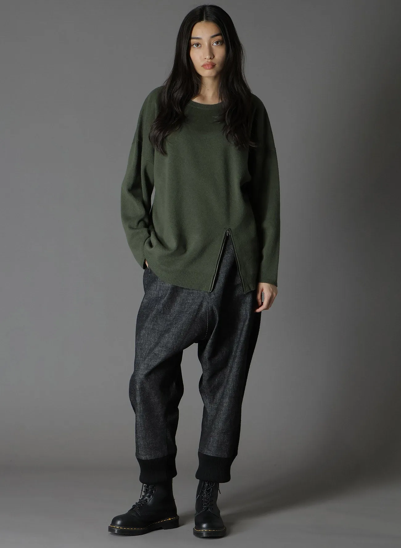 CASHMERE/EXTRA SUPER FINE WOOL ZIPPER CREW NECK KNIT