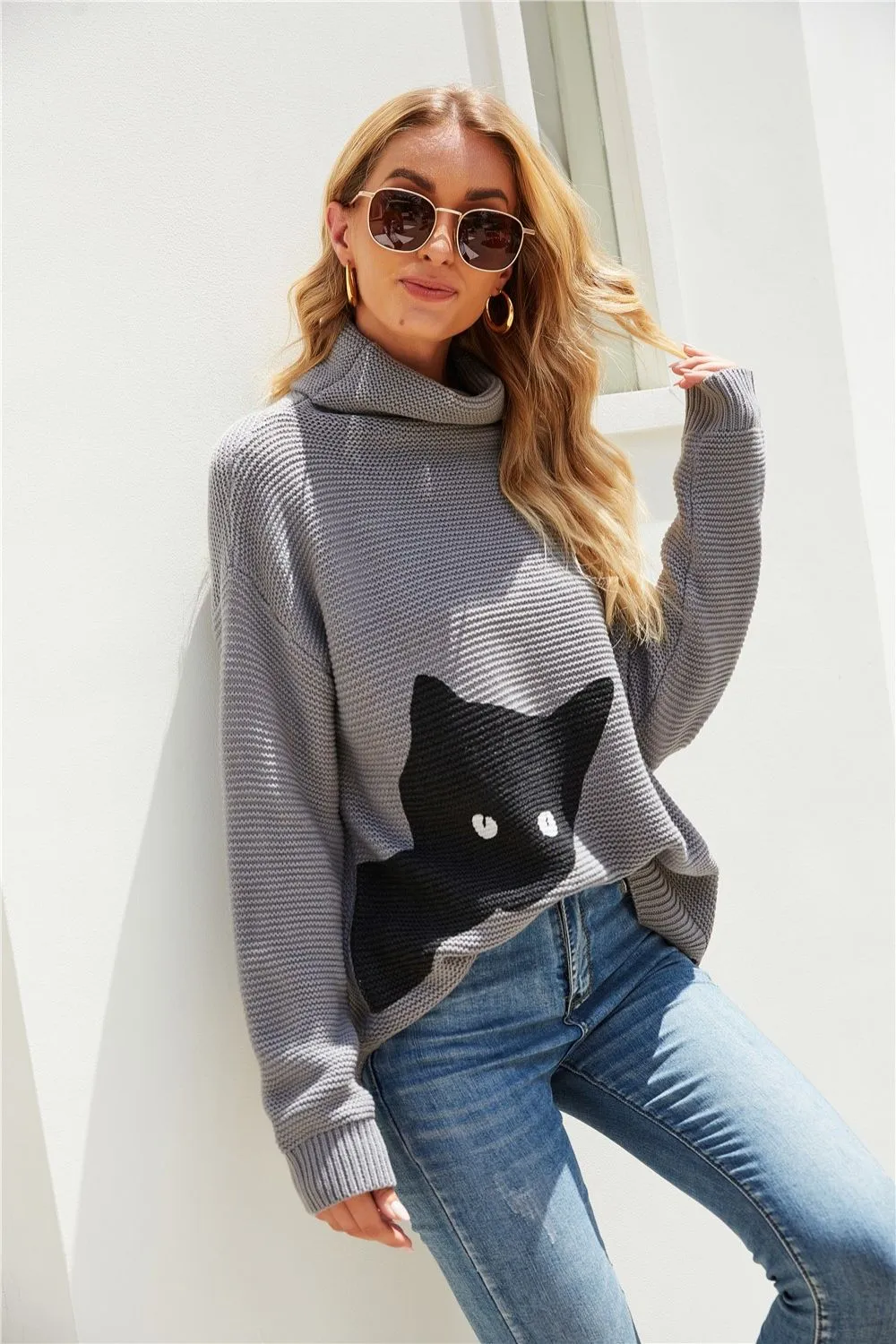 Cat Pattern Turtleneck Slit Sweater