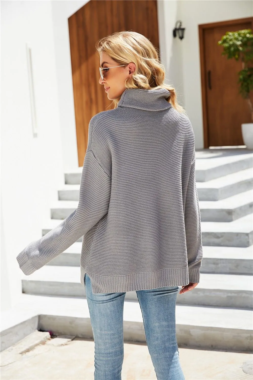 Cat Pattern Turtleneck Slit Sweater