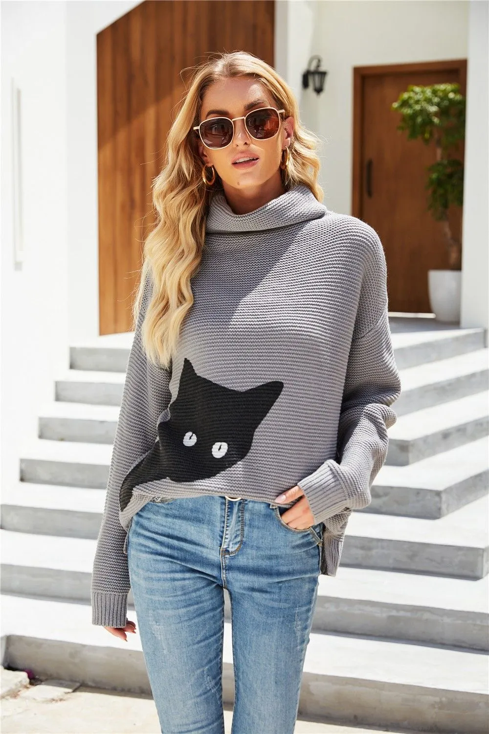 Cat Pattern Turtleneck Slit Sweater