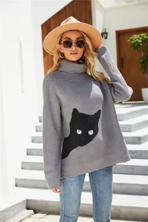 Cat Pattern Turtleneck Slit Sweater