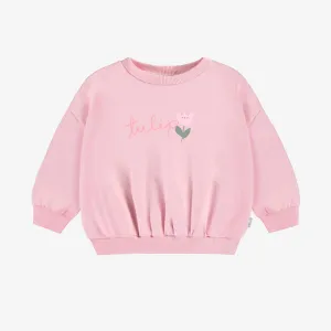 Chandail ample rose avec motif de tulipe en coton français, bébé || Loose-fitting pink sweater with tulip motif in french cotton, baby