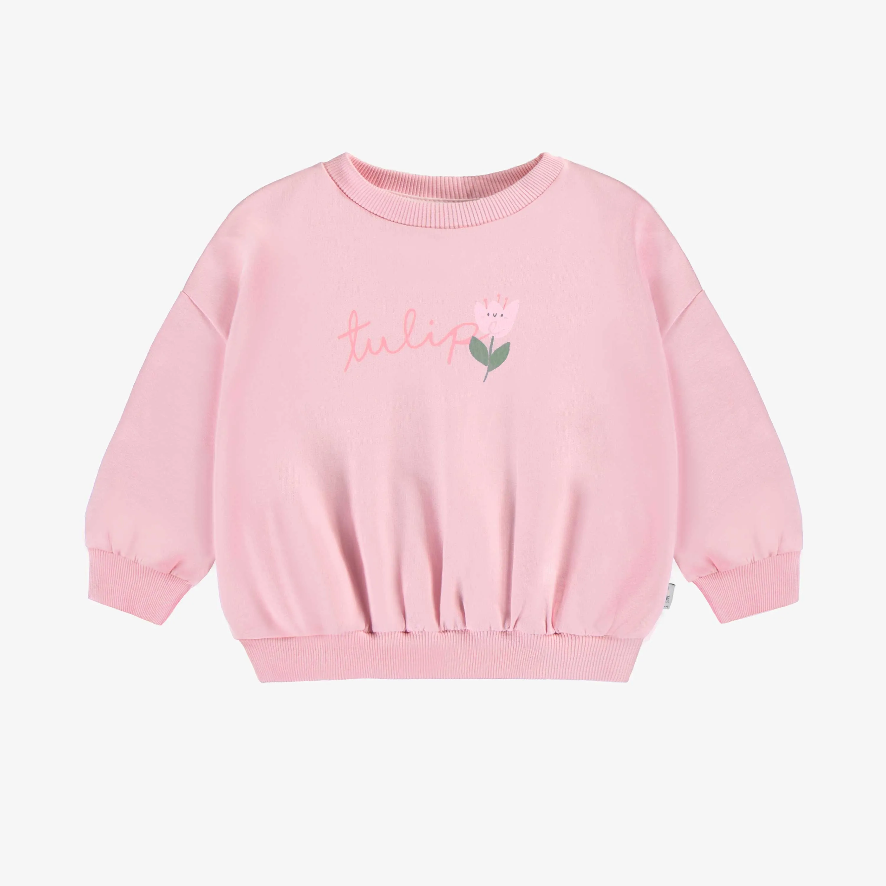 Chandail ample rose avec motif de tulipe en coton français, bébé || Loose-fitting pink sweater with tulip motif in french cotton, baby