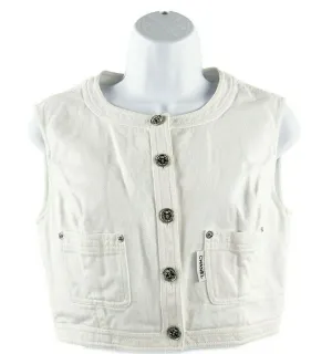 CHANEL- VTG 96P Denim Vest Gilet - White / CC Silver Buttons - FR 36 / US XS-S