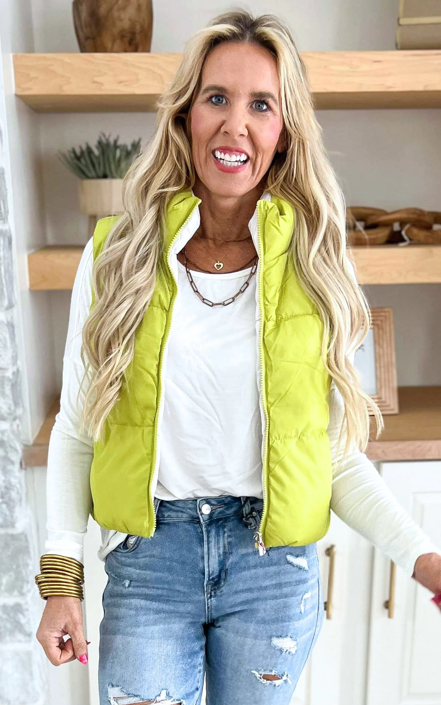 Chartreuse/Cream Reversible Puffer Vest - Final Sale