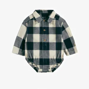 Chemise cache-couche marine et crème à carreaux en flanelle brossée, naissance || Navy and cream plaid shirt with a bodysuit in brushed flannel, newborn