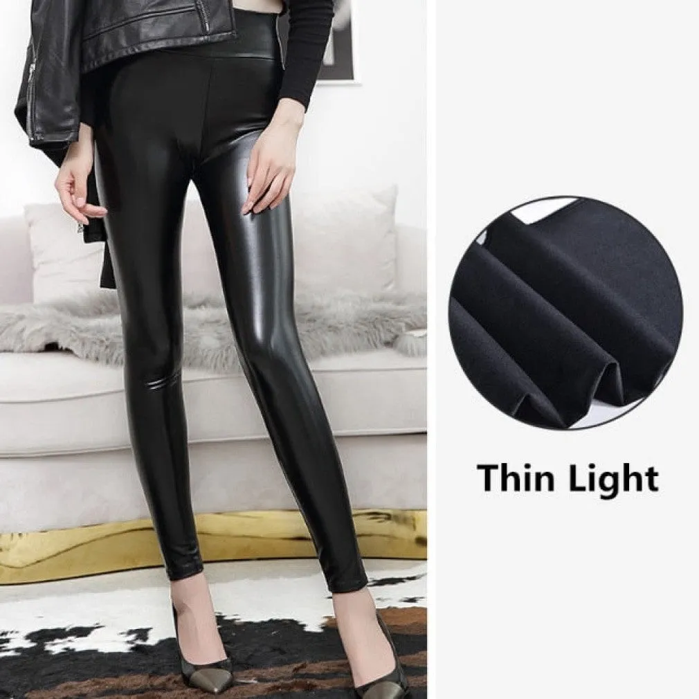 ContiNent 33 High Waist Leather Leggings for Women Black Light, Matt Thin Thick Femme Fitness PU Leggings Sexy Push Up Slim Pants