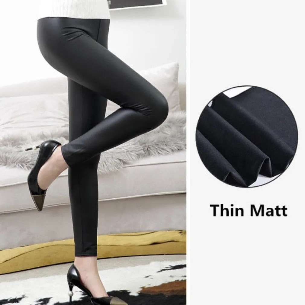 ContiNent 33 High Waist Leather Leggings for Women Black Light, Matt Thin Thick Femme Fitness PU Leggings Sexy Push Up Slim Pants