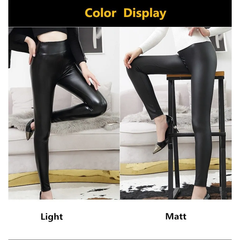 ContiNent 33 High Waist Leather Leggings for Women Black Light, Matt Thin Thick Femme Fitness PU Leggings Sexy Push Up Slim Pants