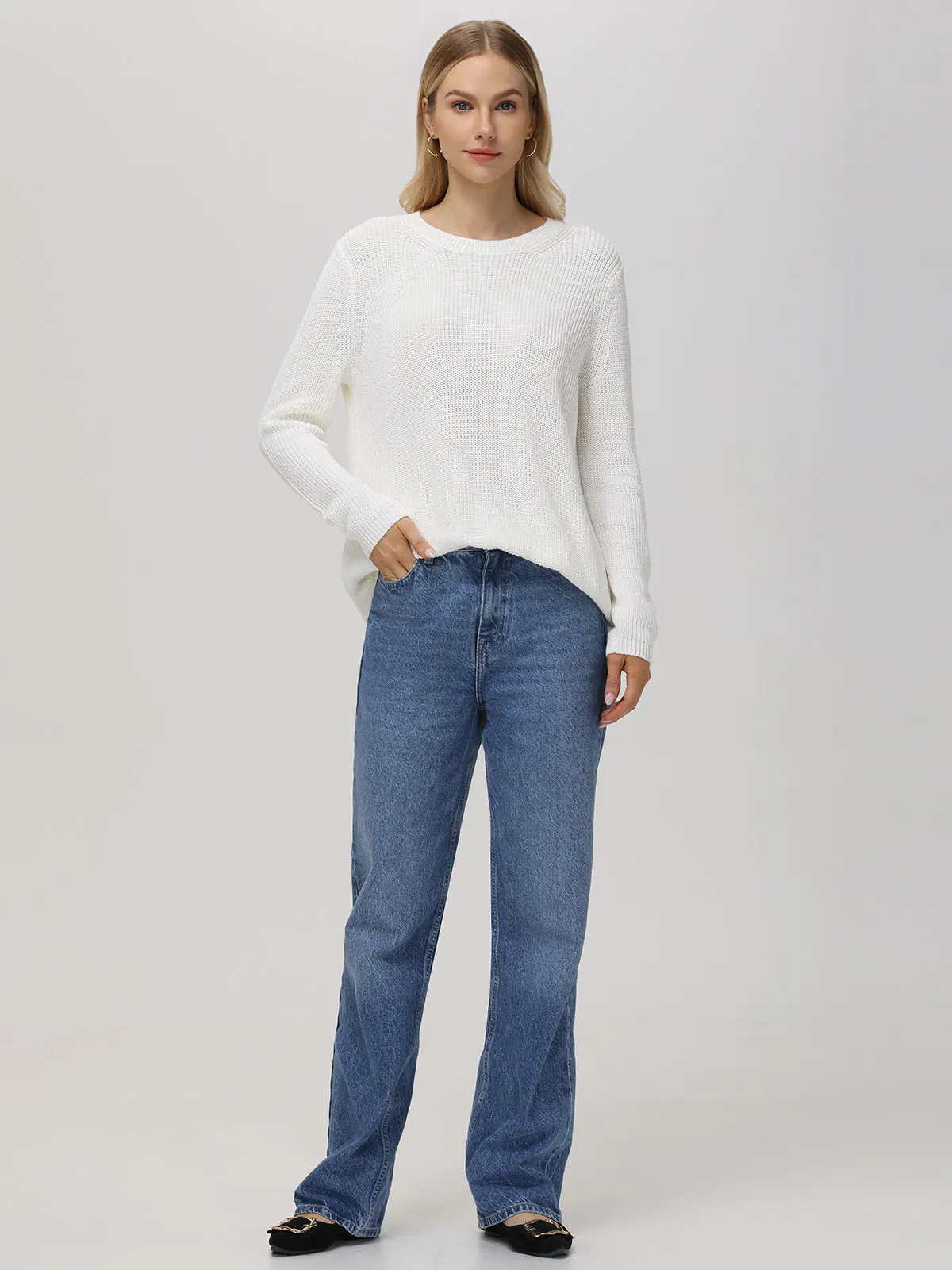 Emma: Crewneck Shaker Stitch Cotton Sweater