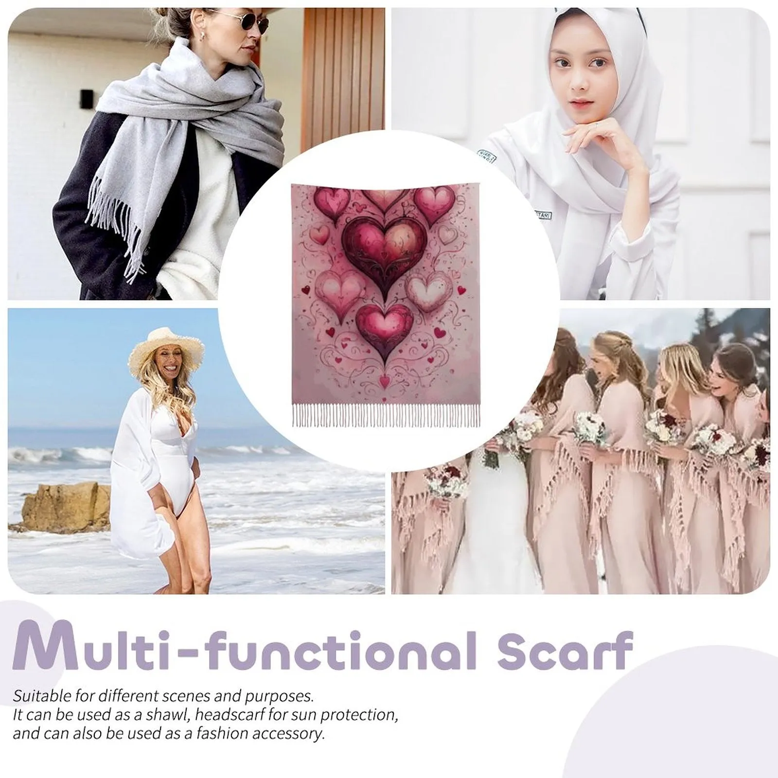 Enchanting Hearts Soft Tassel Scarf - Whimsical Heart Print Scarf Anniversary Love
