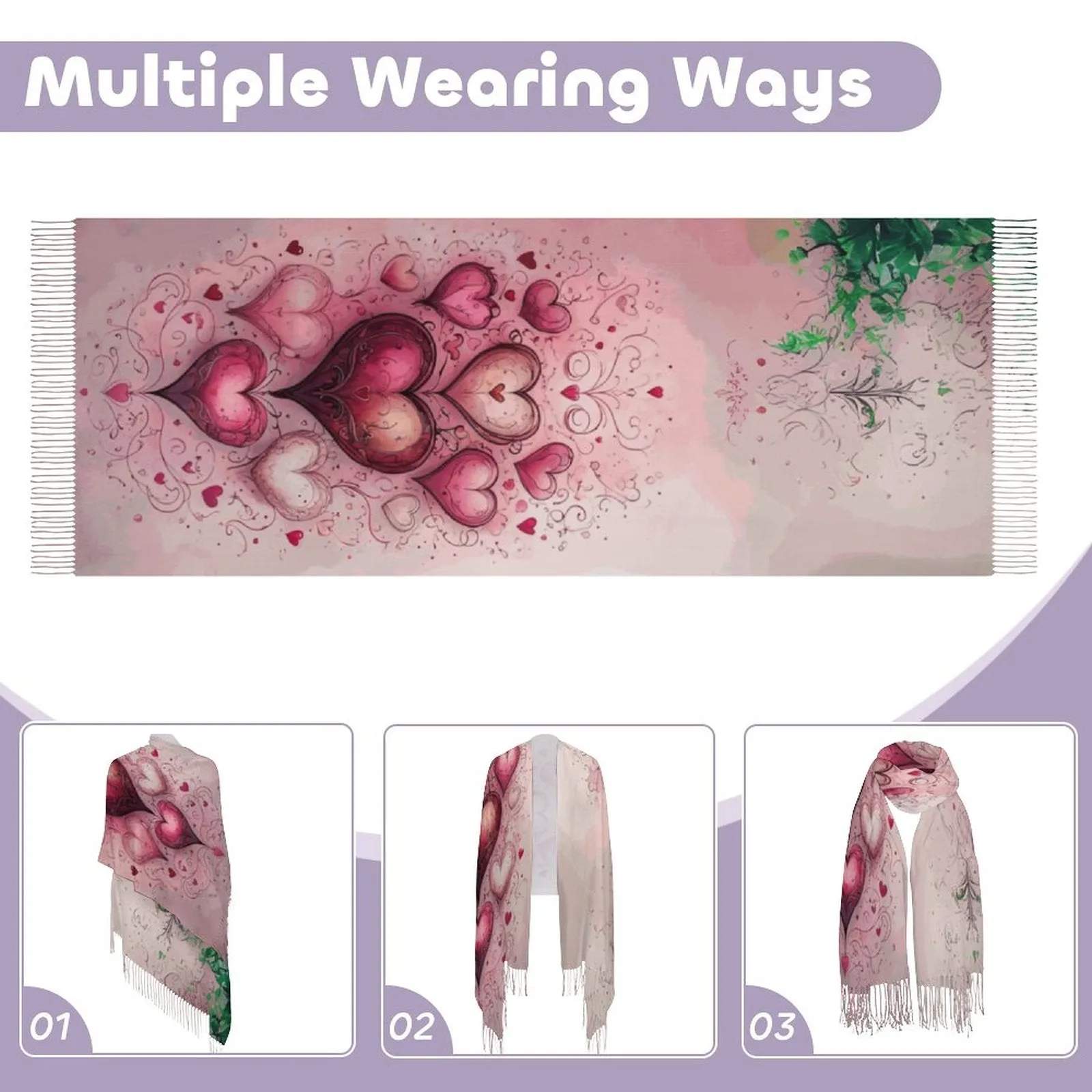 Enchanting Hearts Soft Tassel Scarf - Whimsical Heart Print Scarf Anniversary Love