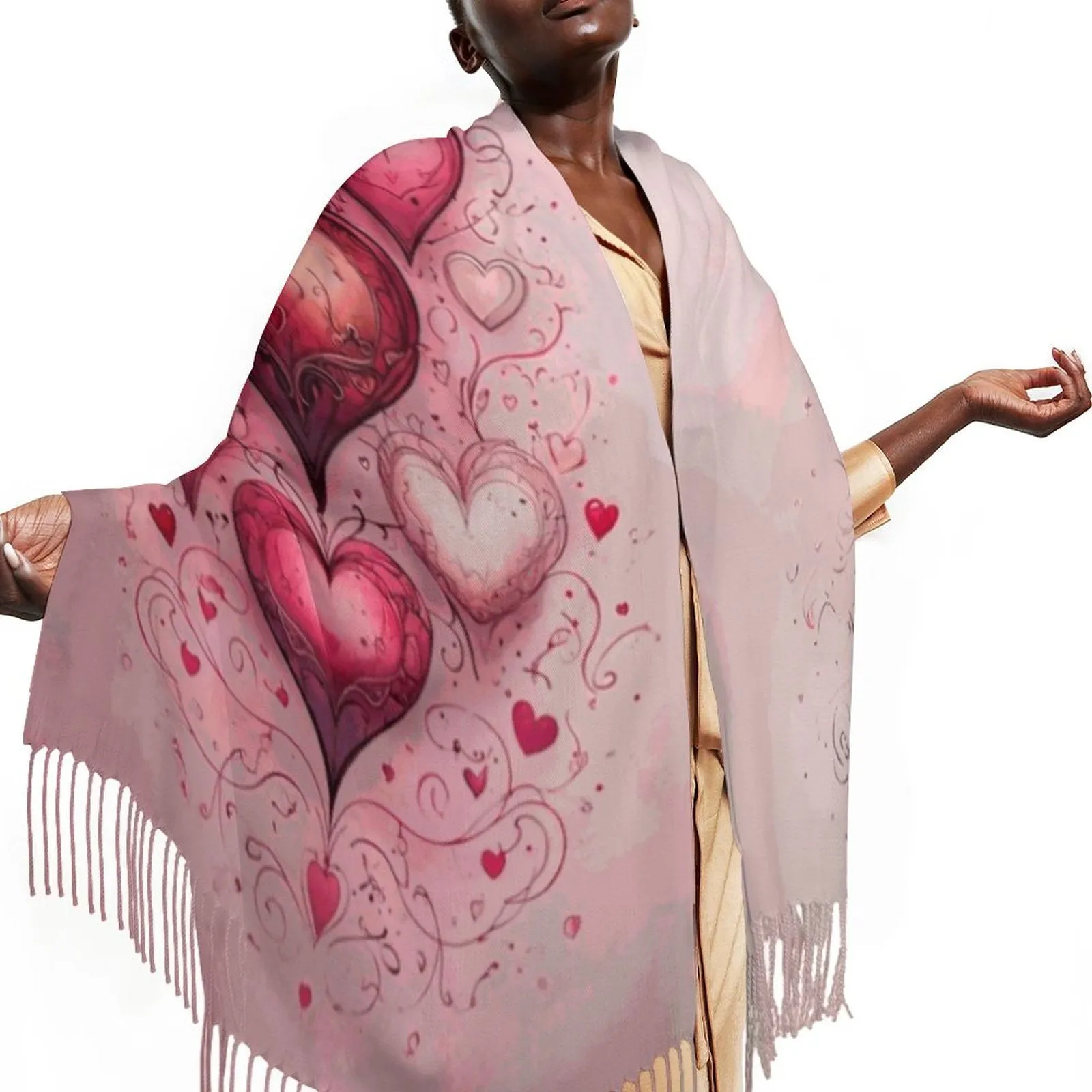 Enchanting Hearts Soft Tassel Scarf - Whimsical Heart Print Scarf Anniversary Love