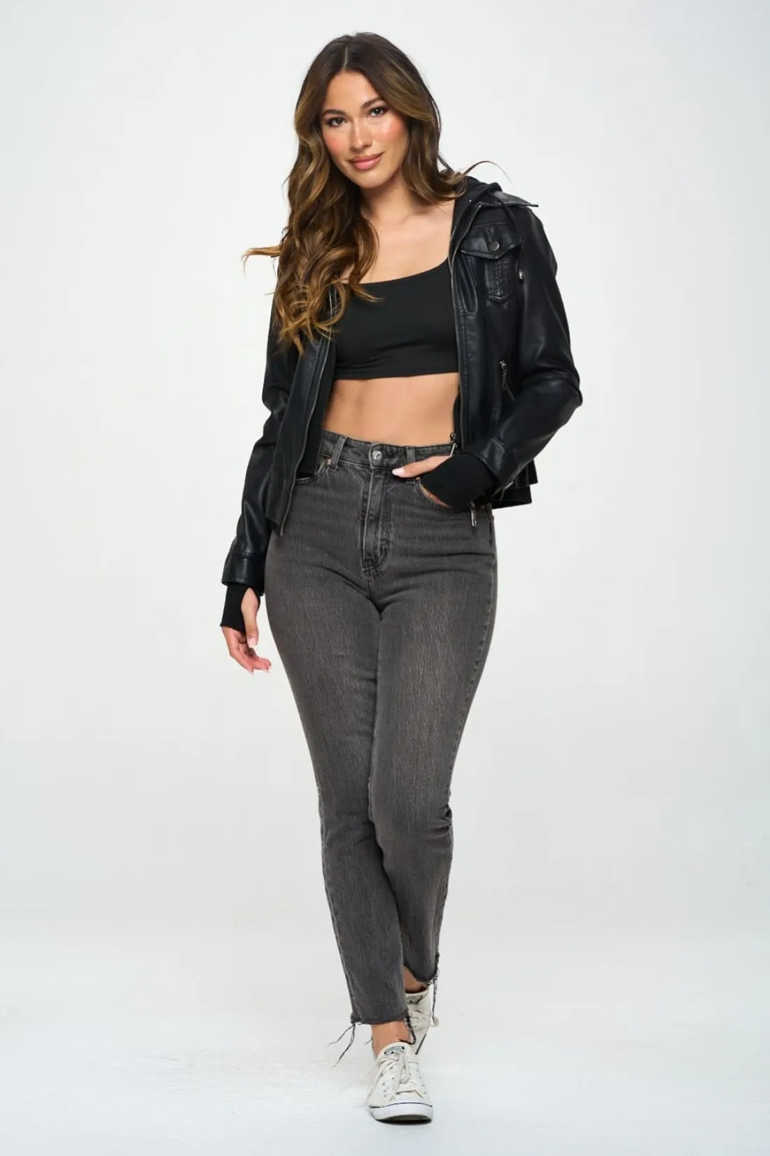 Faux Leather Hooded Long Sleeve Jacket in Black