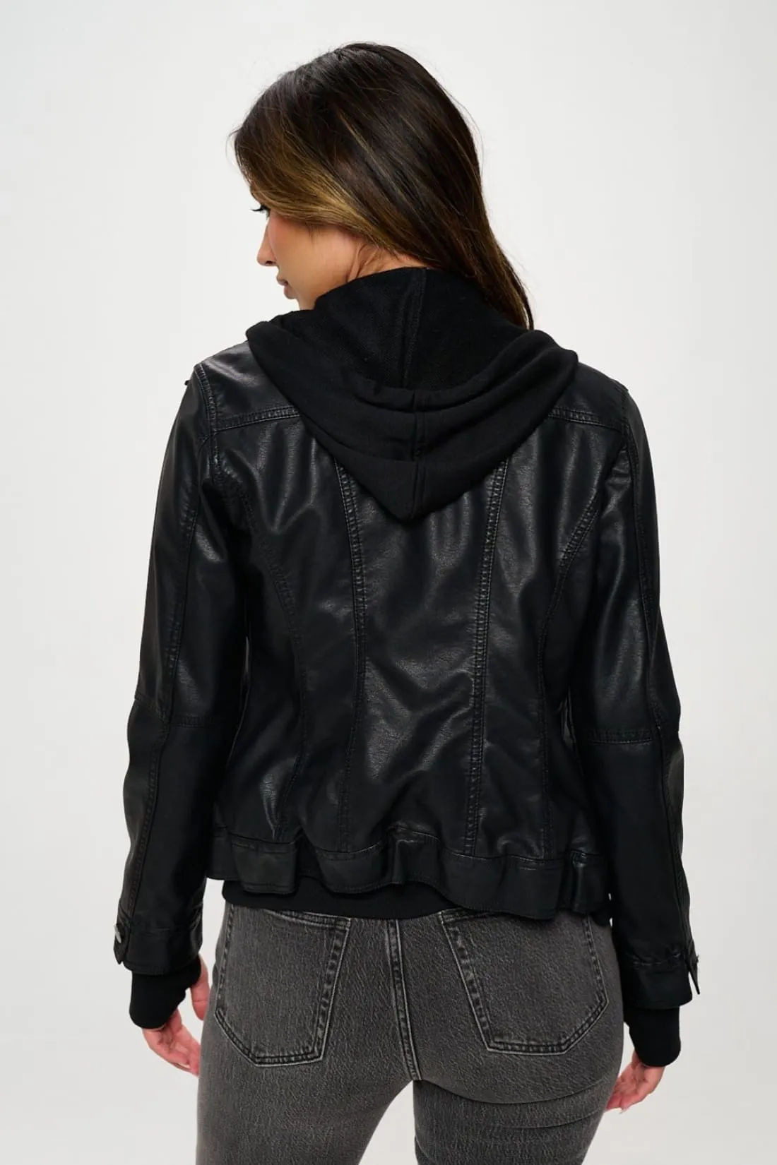 Faux Leather Hooded Long Sleeve Jacket in Black