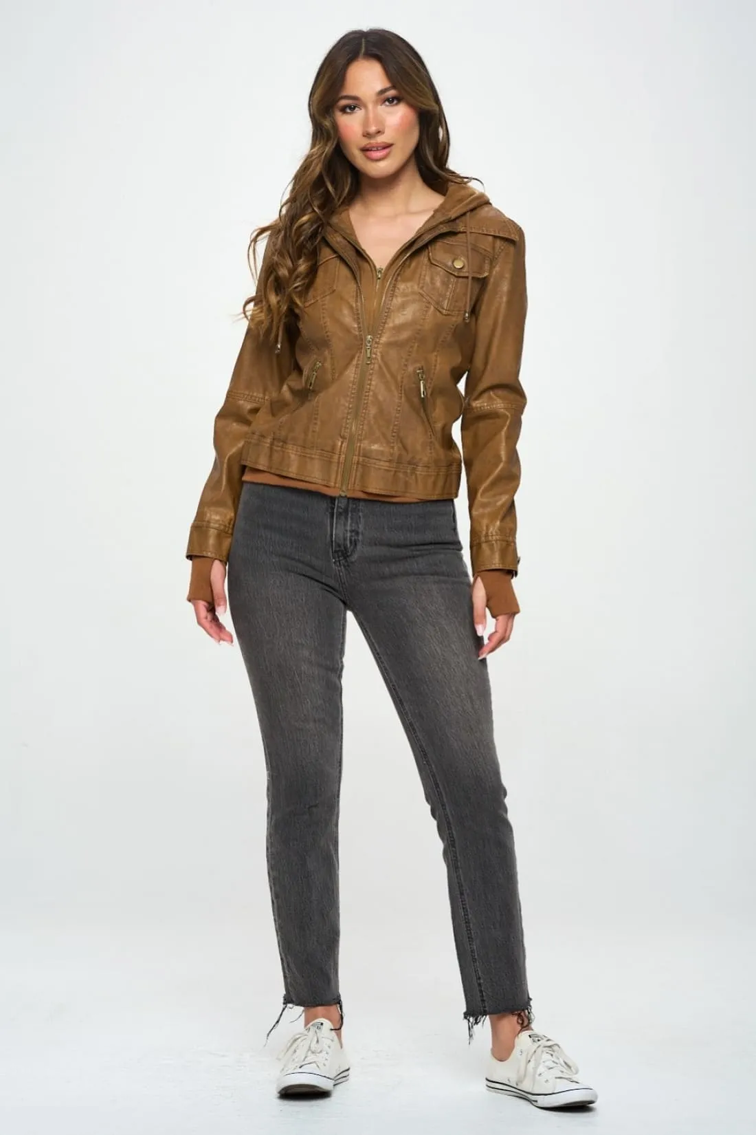 Faux Leather Hooded Long Sleeve Jacket in Brown