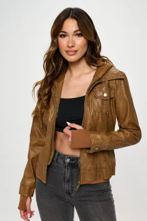 Faux Leather Hooded Long Sleeve Jacket in Brown