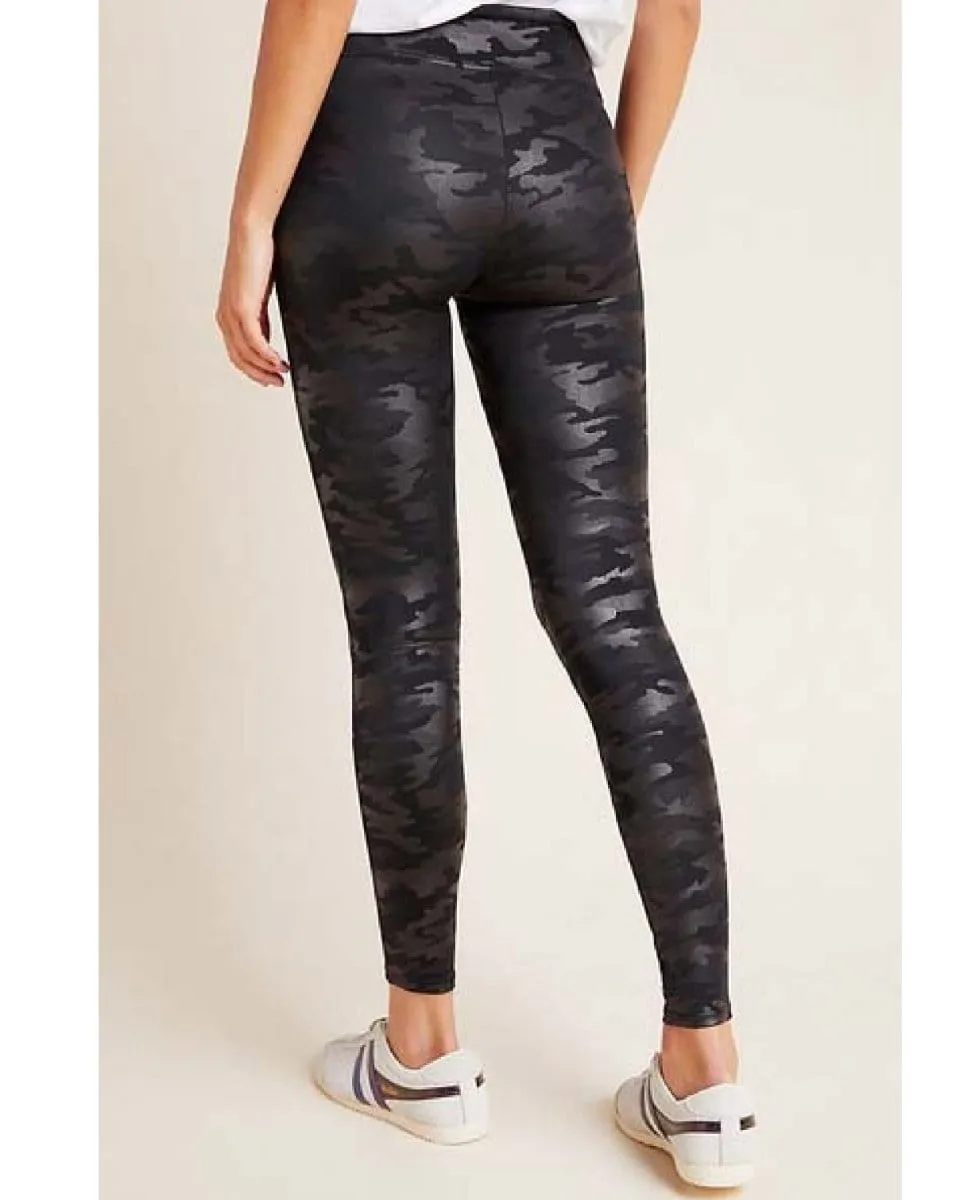 Faux Leather Leggings Matte Black Camo