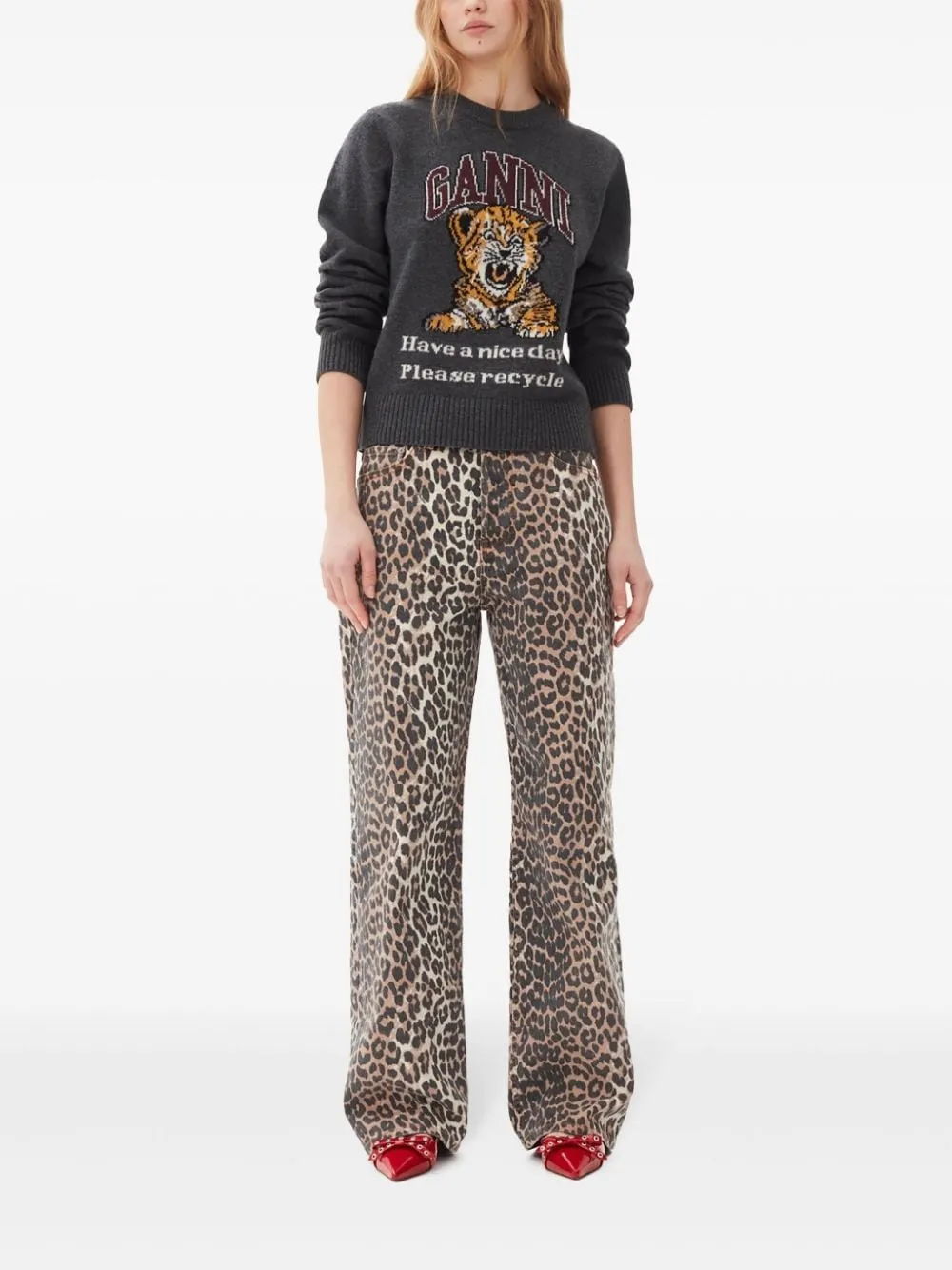 Ganni Graphic Wool Mix Tiger Crewneck Sweater