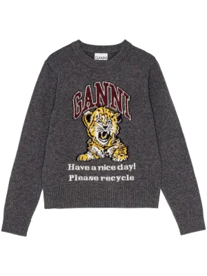 Ganni Graphic Wool Mix Tiger Crewneck Sweater