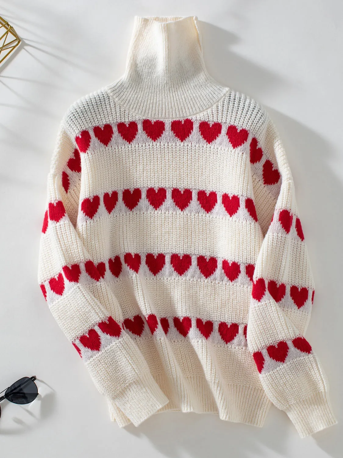 Grace Heart Turtleneck Dropped Shoulder Sweater | 3 Colors | Poundton
